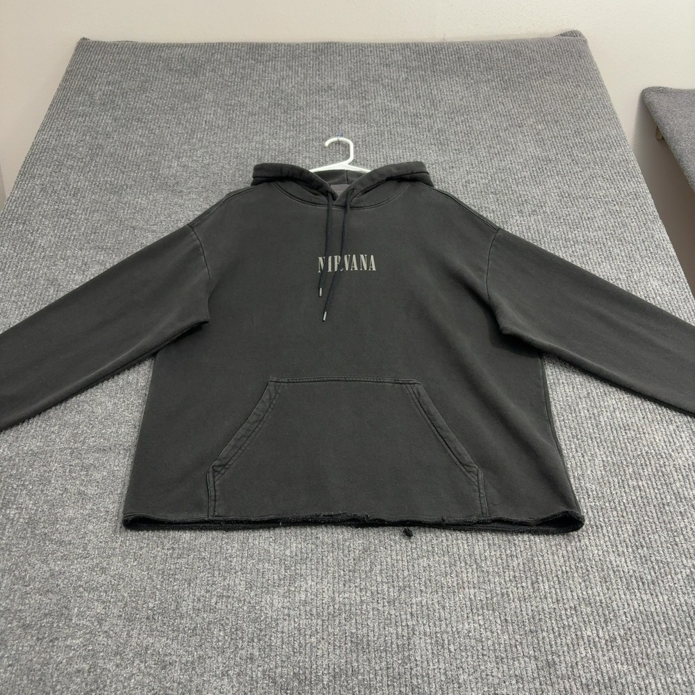 Nirvana H&M Hoodie Mens L Black Cotton In Utero Raw Hem Grunge Rock Streetwear